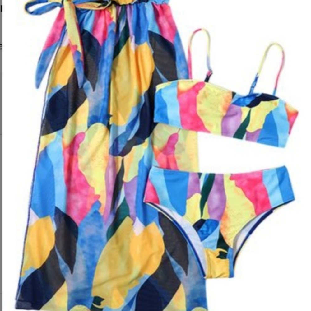 Three piece Blue Floral Bathing Suit Set
